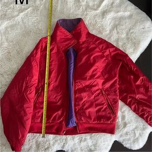 Red Bomber Puffer Jacket with Purple Lining